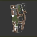 3D Model of Historic Town District with Red Roofs Central Green and Street Layout