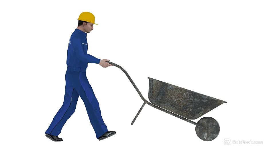 Man in blue work uniform with yellow hard hat pushing a wheelbarrow 3d model 