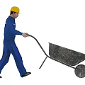 Man in blue work uniform with yellow hard hat pushing a wheelbarrow