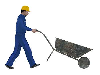 Man in blue work uniform with yellow hard hat pushing a wheelbarrow 3d model