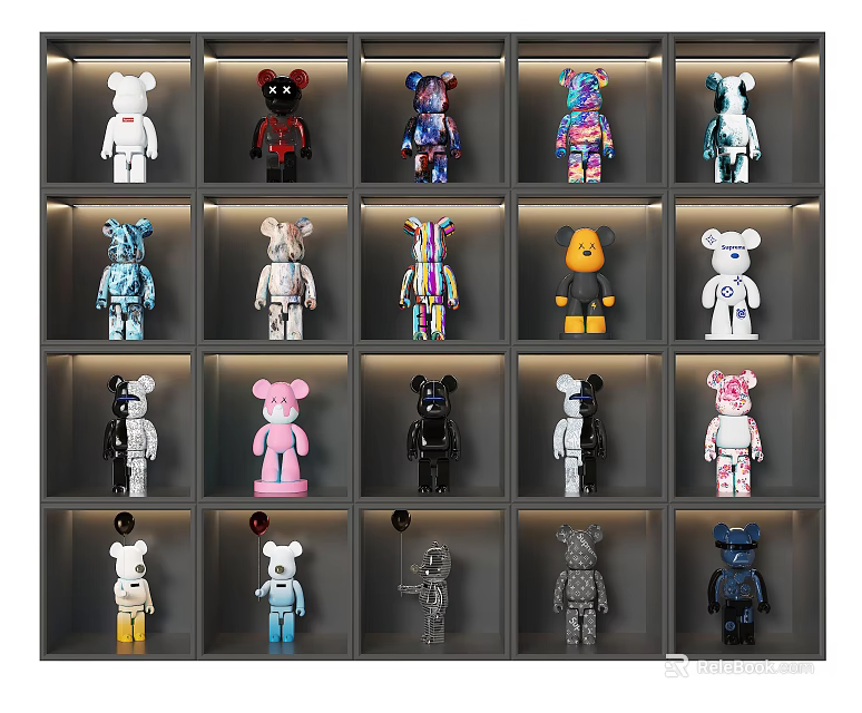 Artistic Colorful Bearbrick Sculptures Collection With Various Designs On Display Shelves 3d model 