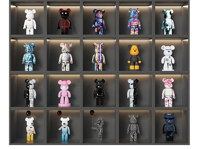Artistic Colorful Bearbrick Sculptures Collection With Various Designs On Display Shelves 3d model