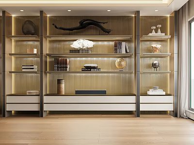 Elegant Modern Golden Bookcase with Layered Design Glass Doors and Decorative Items in Living Room 3d model