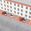 Parking Lot With Multiple Cars Palm Trees White Building And Gray Pavement