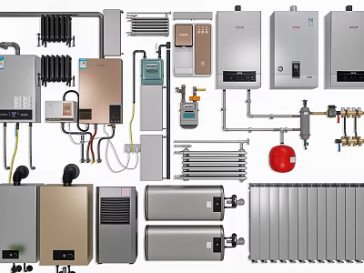Various Types Of Modern Kitchen Appliances Including Water Heaters Radiators And Control Panels 3d model