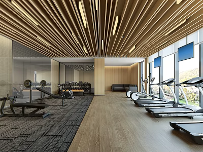 Modern Gym Interior With Spacious Fitness Area Treadmills Exercise Machines Wooden Ceiling And Large Windows 3d model