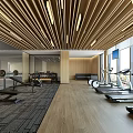 Modern Gym Interior With Spacious Fitness Area Treadmills Exercise Machines Wooden Ceiling And Large Windows
