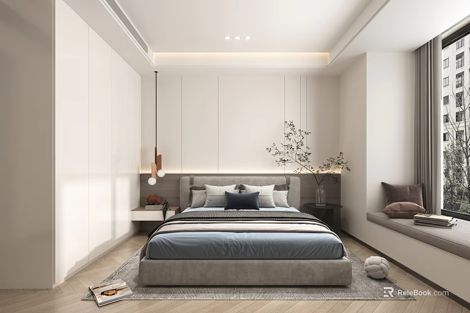 Modern Bedroom Interior Design With Gray Bed White Wardrobe And Window Bench 3d model