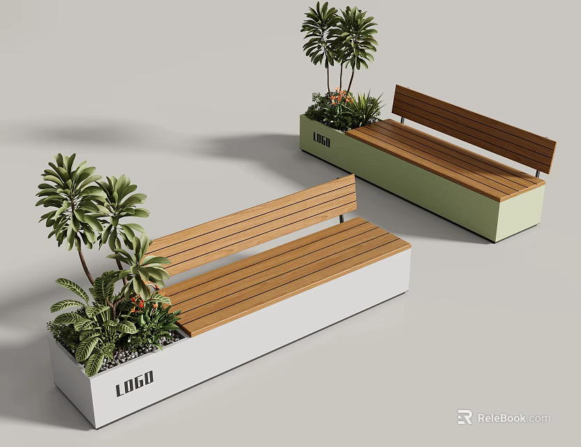 Modern Wooden Outdoor Bench With Integrated Planter Box For Courtyard Park And Public Leisure Areas 3d model 