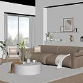 Modern Living Room Interior Design With Beige Sofa Round Coffee Table Large Windows And Plants