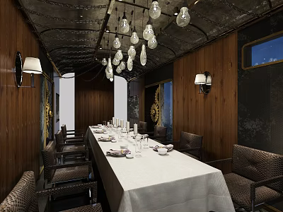 Elegant Restaurant Interior Featuring Long Dining Table White Tablecloth Brown Chairs Wooden Walls Pendant Lights 3d model
