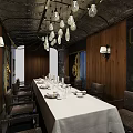 Elegant Restaurant Interior Featuring Long Dining Table White Tablecloth Brown Chairs Wooden Walls Pendant Lights