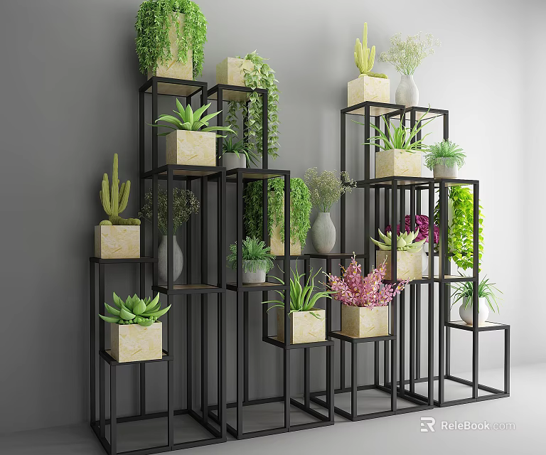 Indoor Garden Decor With Tiered Black Frame Shelves Various Plants And Beige Planters 3d model 