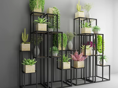 Indoor Garden Decor With Tiered Black Frame Shelves Various Plants And Beige Planters 3d model