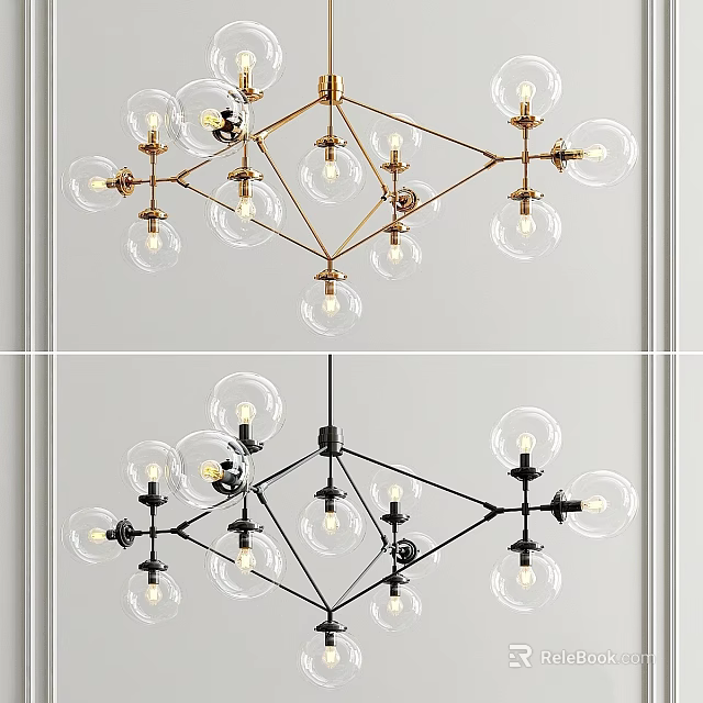 Modern Geometric Chandelier With Gold Black Frame And Transparent Glass Globe Design 3d model 