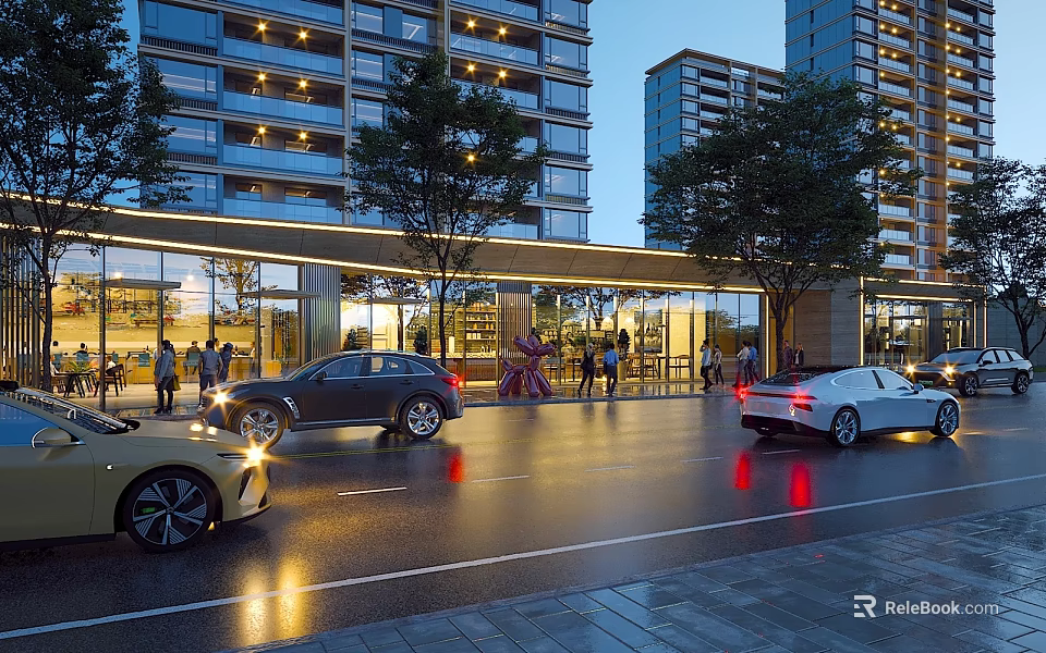 Vibrant Commercial Street With Modern High Rise Buildings Cars Pedestrians And Evening Lights 3d model 