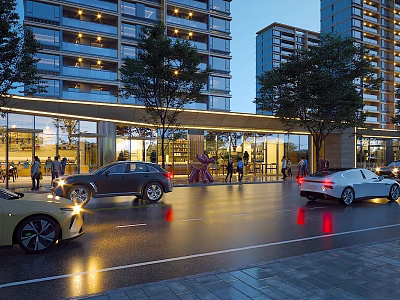 Vibrant Commercial Street With Modern High Rise Buildings Cars Pedestrians And Evening Lights 3d model
