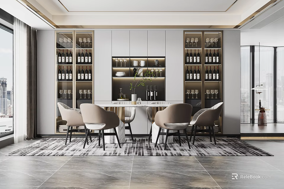 Modern Elegant Restaurant Interior With Wine Racks Dining Table And Chairs 3d model 