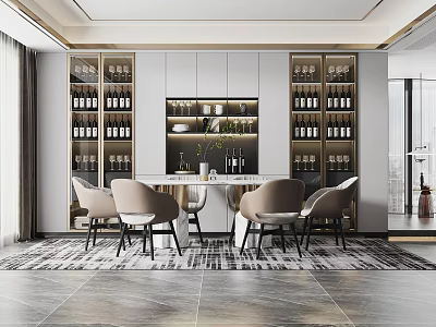 Modern Elegant Restaurant Interior With Wine Racks Dining Table And Chairs 3d model