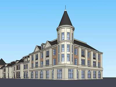 European Style Commercial Street With Multi Story Building Pointed Tower Arched Windows And Elegant Facade 3d model