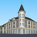 European Style Commercial Street With Multi Story Building Pointed Tower Arched Windows And Elegant Facade