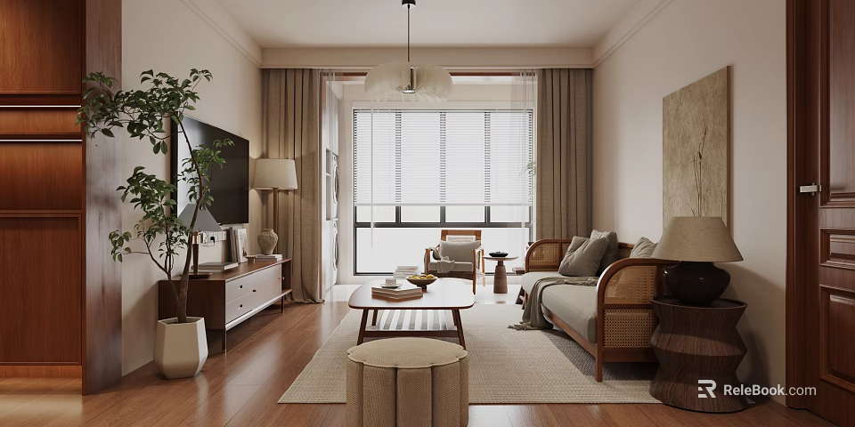 Cozy Living Room With Rattan Sofa And Wooden Coffee Table Set Rug And Window Blinds 3d model 