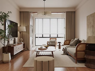 Cozy Living Room With Rattan Sofa And Wooden Coffee Table Set Rug And Window Blinds 3d model