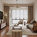 Cozy Living Room With Rattan Sofa And Wooden Coffee Table Set Rug And Window Blinds