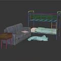Metal Frame Bunk Bed with Blue Sofa Wooden Side Table and Blue Floor Cushion