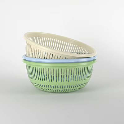Stacked Plastic Colanders In Green Light Blue And Beige For Kitchen Straining Use 3d model