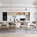 Modern Kitchen Interior With Dining Table Chairs Cabinets And Pendant Lights 3d model