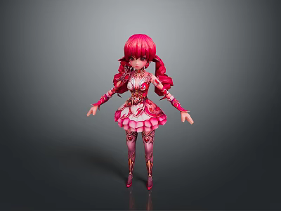 Woman With Red Twin Tails In Pink And White Decorative Dress With Floral Patterns 3d model