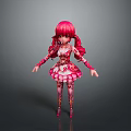 Woman With Red Twin Tails In Pink And White Decorative Dress With Floral Patterns
