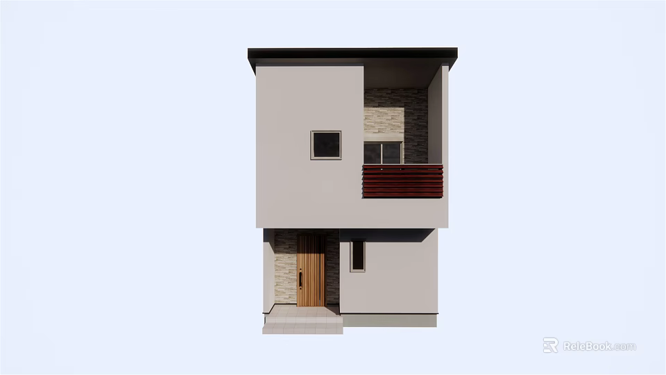 Modern Two Story House With White Walls Stone Details Wooden Door And Red Balcony Railing 3d model 