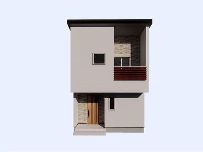 Modern Two Story House With White Walls Stone Details Wooden Door And Red Balcony Railing 3d model
