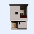 Modern Two Story House With White Walls Stone Details Wooden Door And Red Balcony Railing