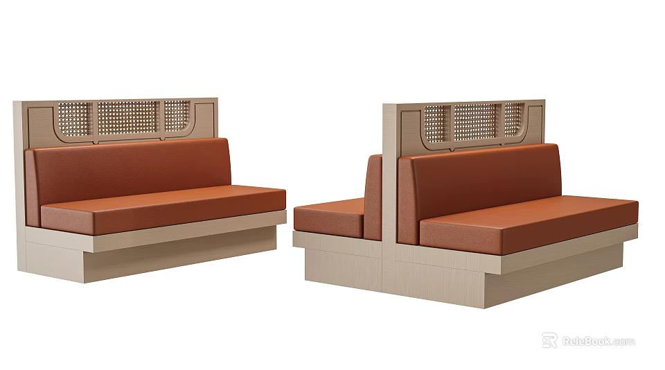 Elegant Brown Booth Sofa With Wooden Frame And Grid Pattern Backrest Design 3d model