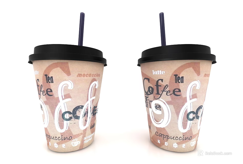 Paper Cup With Black Lid And Straw Featuring Coffee Tea And Macchiato Prints 3d model 