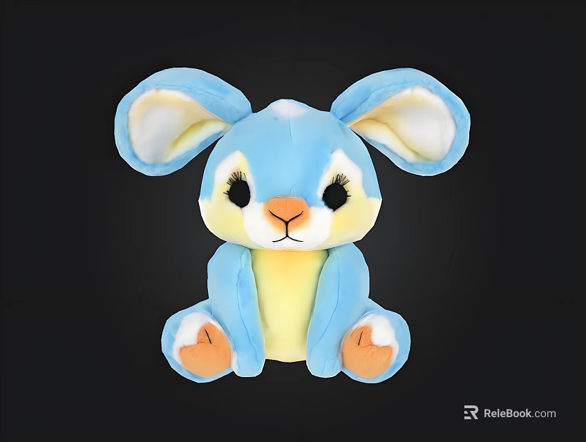 Blue Plush Rabbit Toy With Large Ears Yellow Belly And Orange Paws On Black Background 3d model 