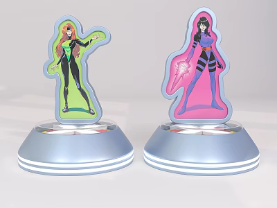 Two Colorful Anime Character Standee Displays With Illuminated Silver Bases 3d model