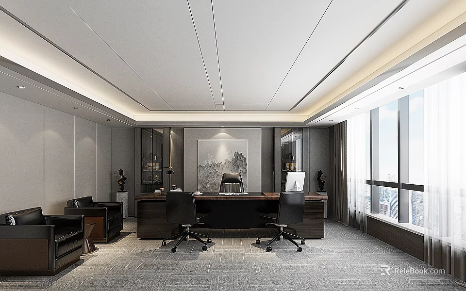 Modern Office Interior Design With Large Windows City View Desk Black Chairs And Wall Art 3d model 