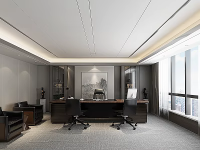 Modern Office Interior Design With Large Windows City View Desk Black Chairs And Wall Art 3d model
