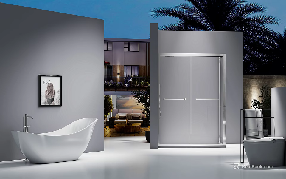 Elegant Modern Shower Sauna Bathroom With Glass Enclosure White Bathtub And Wall Art 3d model 