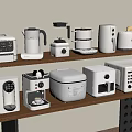 Various Modern White Kitchen Appliances Arranged On Wooden Shelves