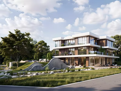 Modern Multi storey Bed and Breakfast Building Surrounded by Greenery Trees Lawn With Glass Windows and Terrace 3d model