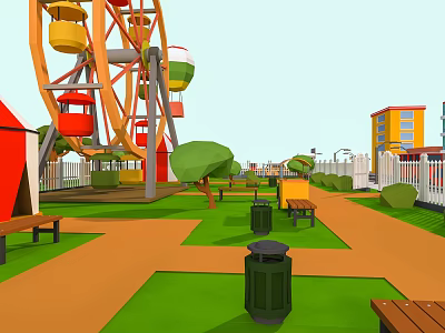 Cartoon Amusement Park Scene With Ferris Wheel Colorful Buildings Trees Benches And Trash Cans 3d model