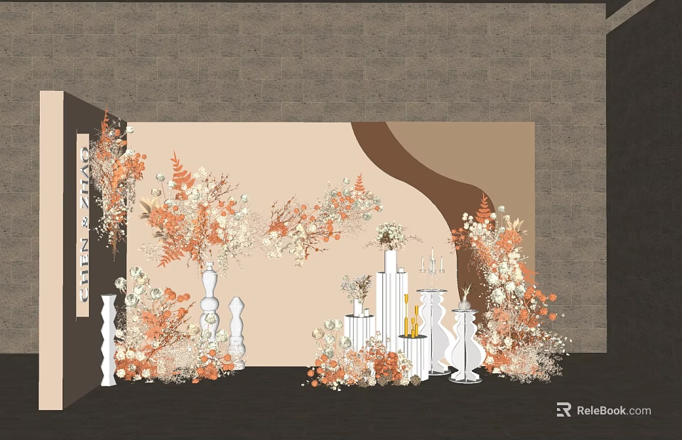 Stylish Window Display Decor With White Pillars Beige Brown Background Wavy Design And Orange White Flowers 3d model 