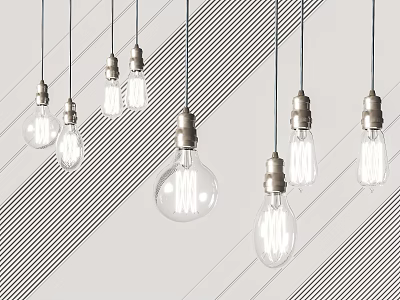 Vintage Clear Glass Bulb Pendant Lights With Metallic Bases Against Diagonal Striped Background 3d model