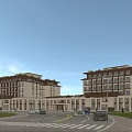 Modern Nursing Home Exterior With Multistory Buildings Greenery Parking And Elderly Residents