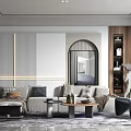 Modern Living Room Interior Design With Arch Painting Sofa Wooden Bookshelf And Art Sculpture